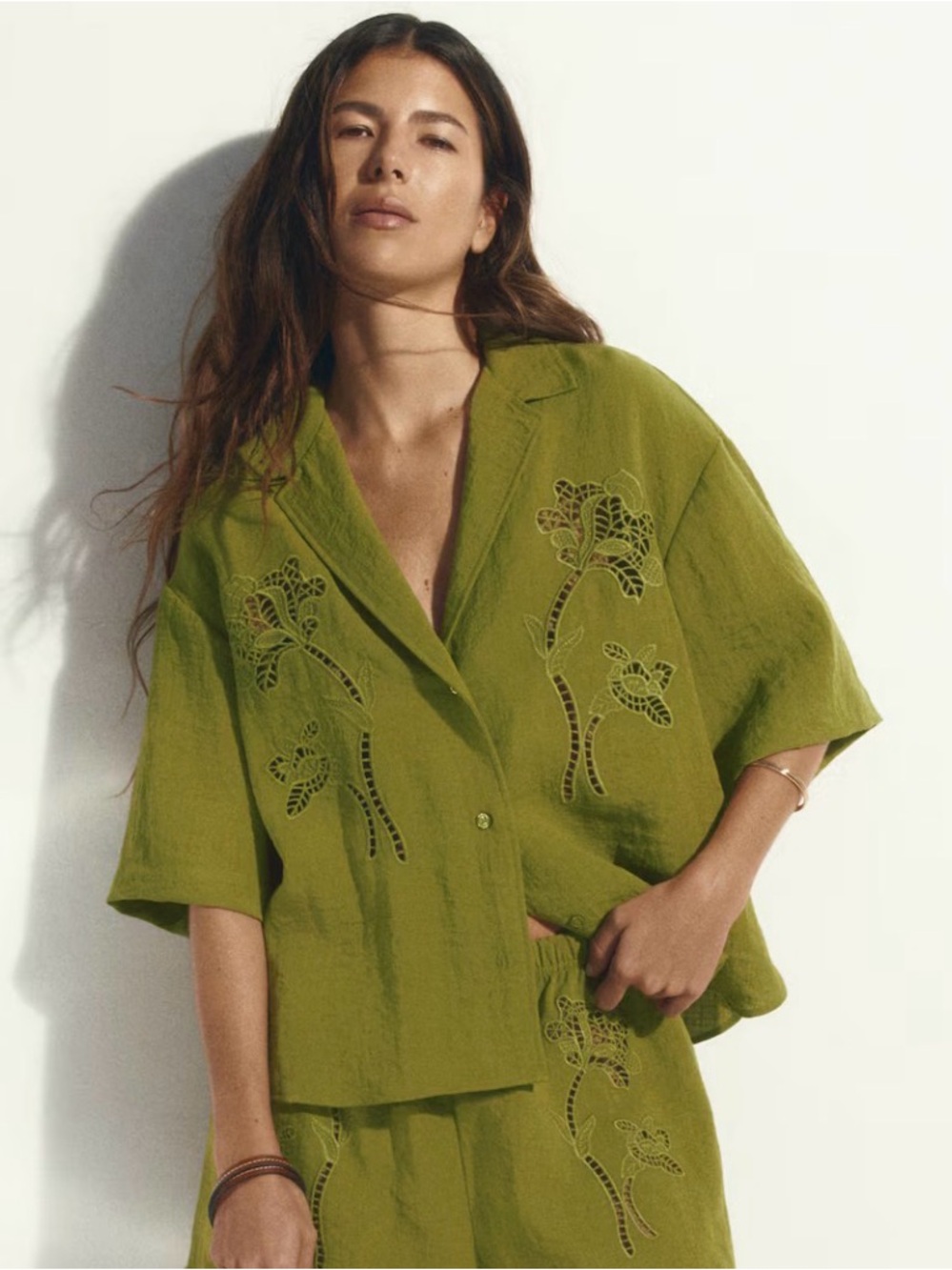 H&M Olive Green Eyelet embroidered Shirt L